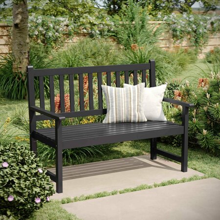 FLASH FURNITURE Adele Patio Acacia Wood Bench, 2-Person Slatted Seat Loveseat for Park, Garden, Yard, Porch, Black LTS-0525-BK-GG